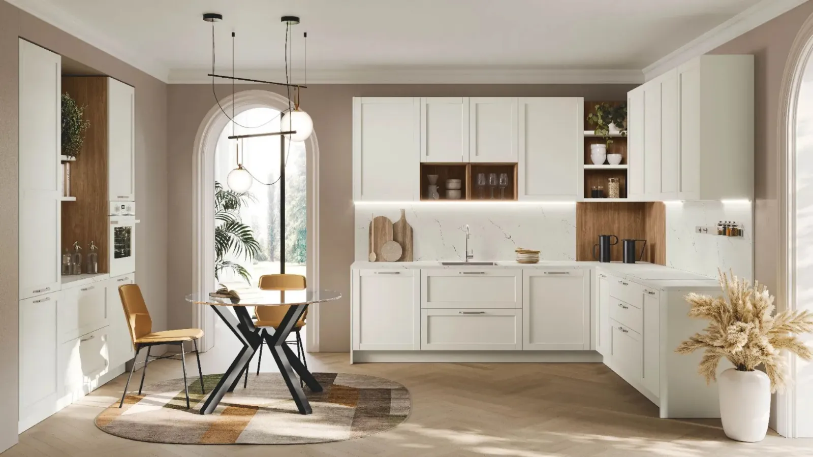 Cucina Classica angolare Sveva v02 in Alkorcell White Matt con top in quarzo di Stosa