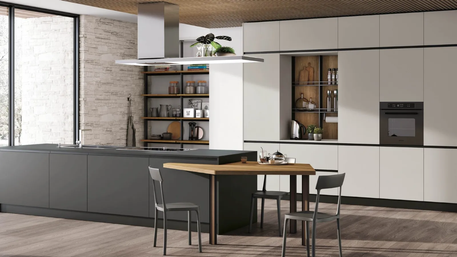 Cucina Moderna con isola Alevé v03 in laccato UV Asfalto opaco e UV Grigio Seta opaco con piano snack pentagonale in Rovere Nodato di Stosa