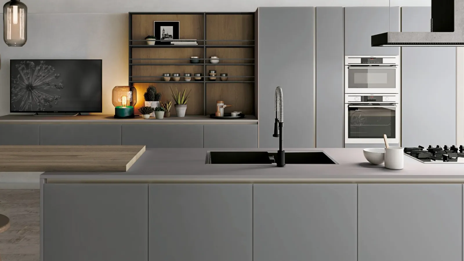 Cucina Moderna con isola Aliant v11 in vetro opaco Grigio Luna e top in Fenix Grigio di Stosa