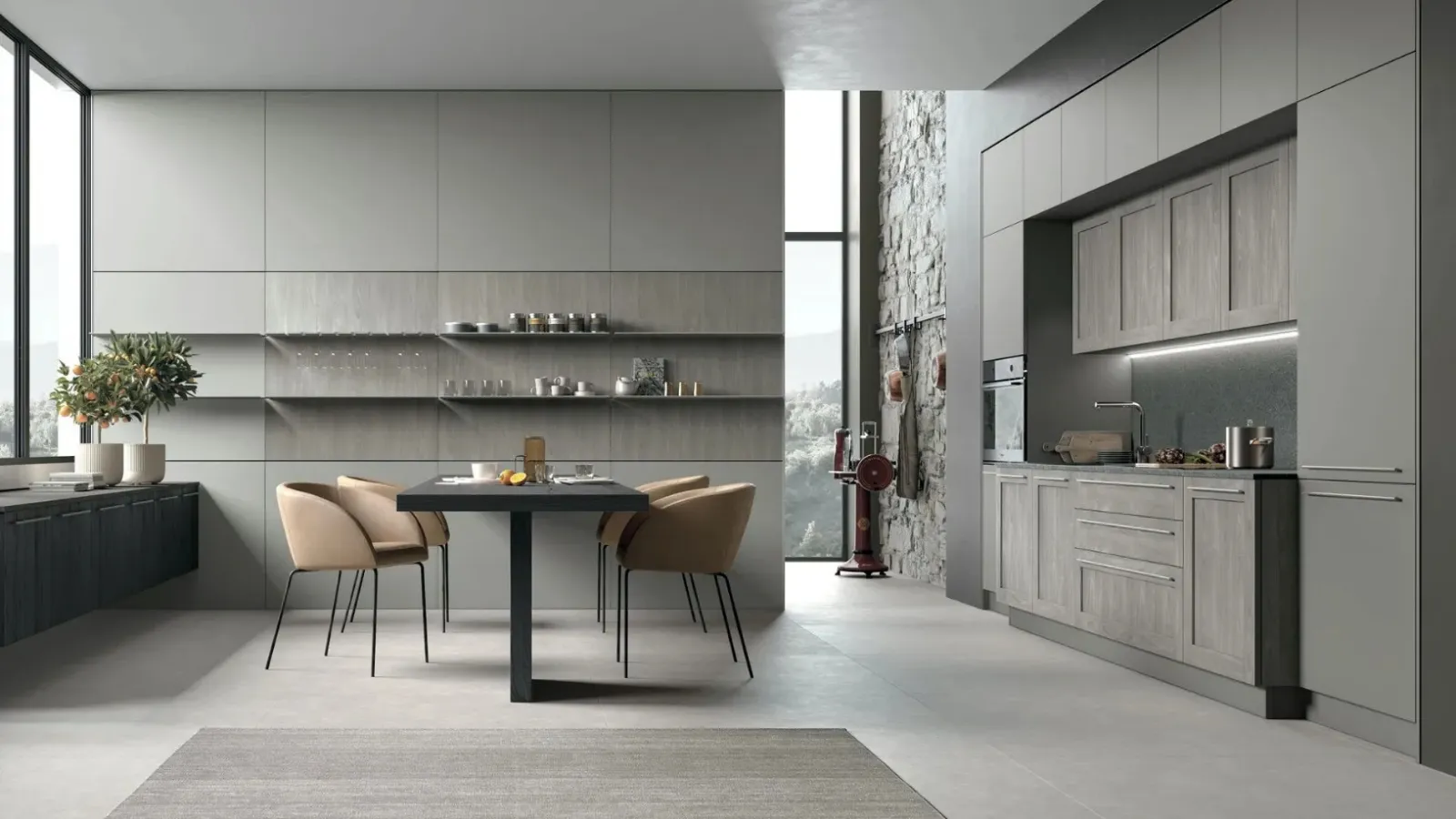 Cucina Moderna lineare City v07 in Termo Strutturato Rovere Brizzo e Pet Grigio Fumo di Stosa