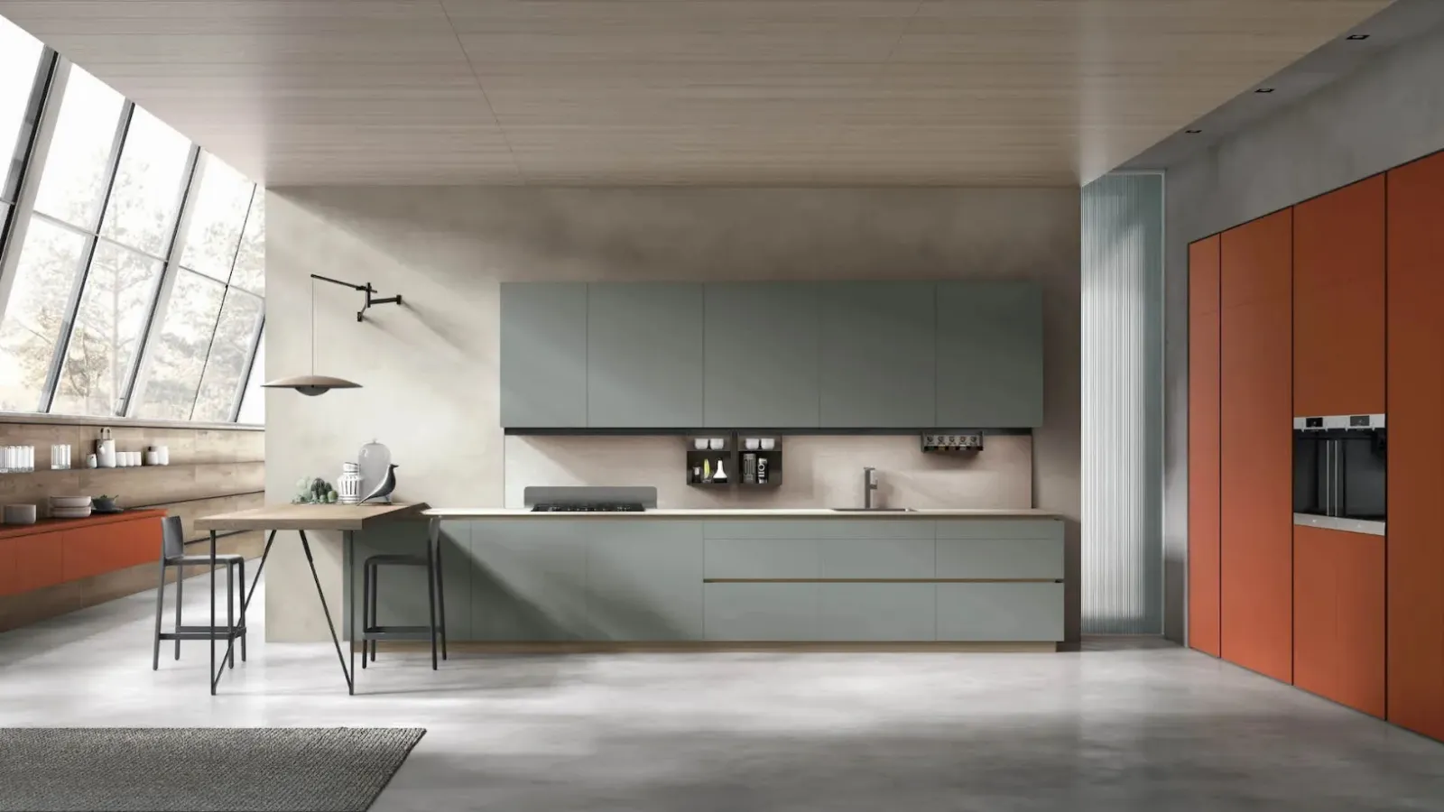 Cucina Moderna con penisola Color Trend v05 in laccato opaco Ginepro e Lavaredo di Stosa