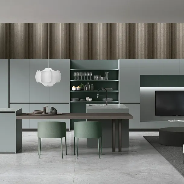 Cucina Moderna con isola Color Trend v02 in laccato opaco Grigio Daytona e Ginepro con piano snack in Rovere Dark di Stosa