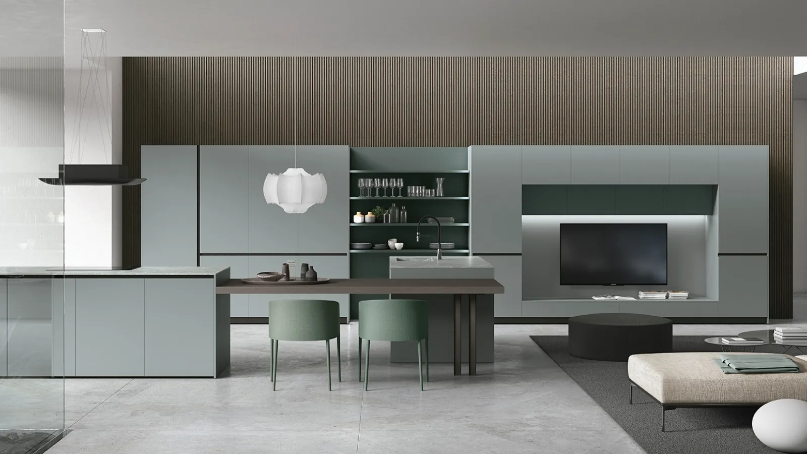 Cucina Moderna con isola Color Trend v02 in laccato opaco Grigio Daytona e Ginepro con piano snack in Rovere Dark di Stosa