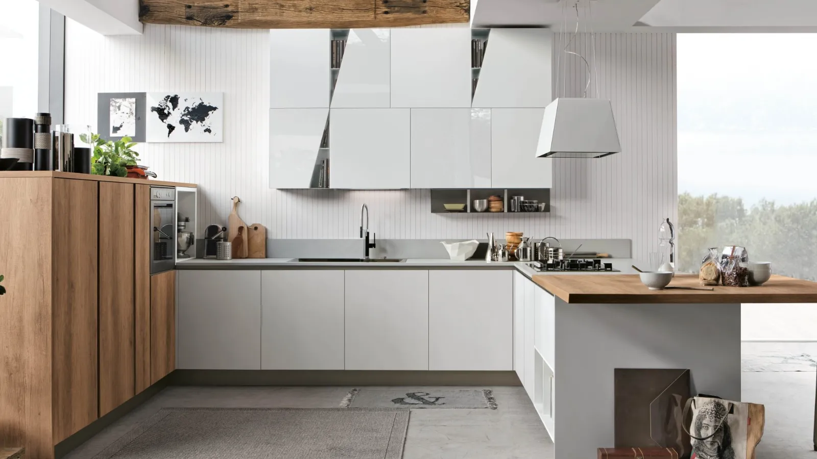 Cucina Moderna con penisola Infinity v14 in Pet Bianco e Rovere nodatodi Stosa