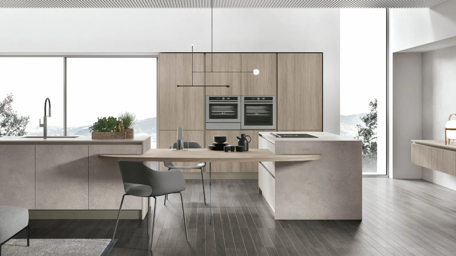 Cucina Moderna con isola Infinity v09 in Graniglia Fiume e Rovere Sesamo di Stosa