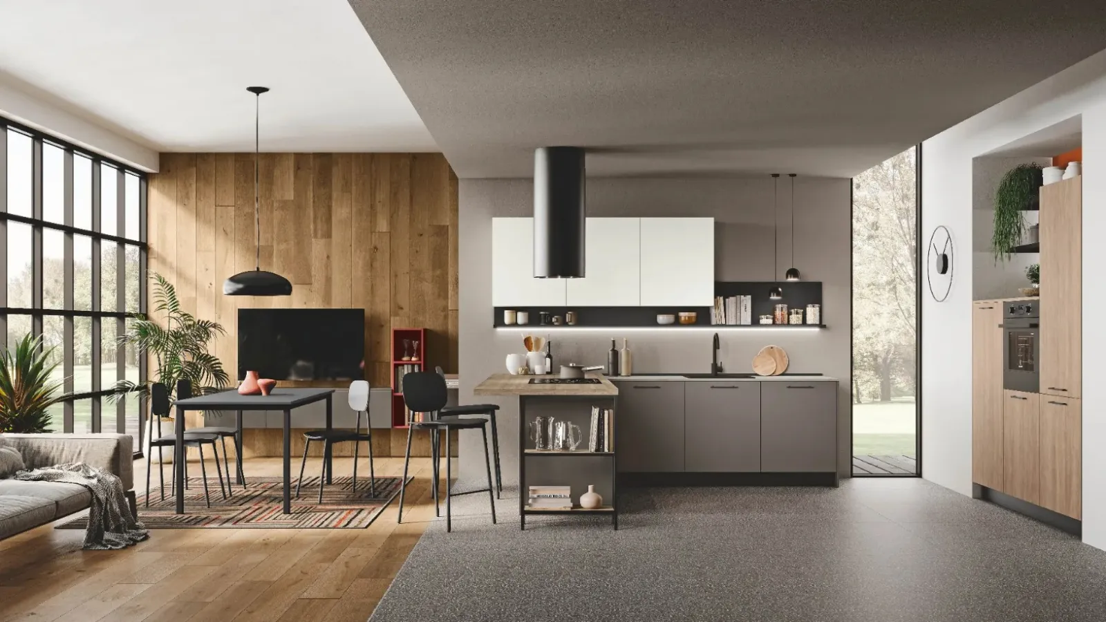 Cucina Moderna con penisola Kaya v02 in nobilitato opaco Smoke Grey e Bianco Soft e legno materico Argentina di Stosa