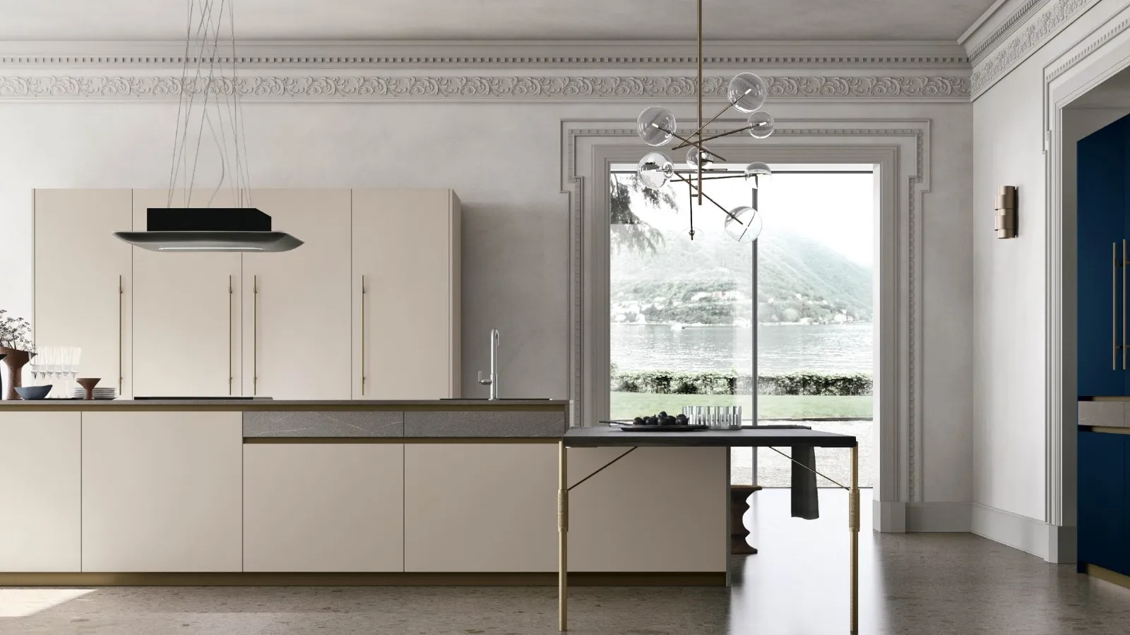 Cucina Moderna con isola Metropolis v04 in Pet Beige Seta e top in Piasentina Scura di Stosa