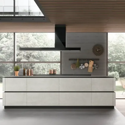 Cucina Moderna con isola Metropolis v10 in materico Cemento Bianco e Pet Grau di Stosa