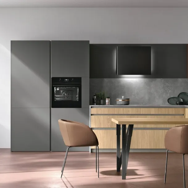 Cucina Moderna angolare con penisola Metropolis v13 in Termo Strutturato Rovere Sole, Pet Canna di Fucile opaco e laccato Lavaredo di Stosa