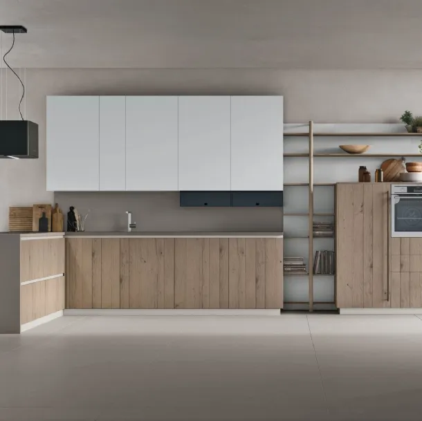 Cucina Moderna con penisola Natural v09 in Rovere Sahara dogato e pensili in laccato opaco di Stosa